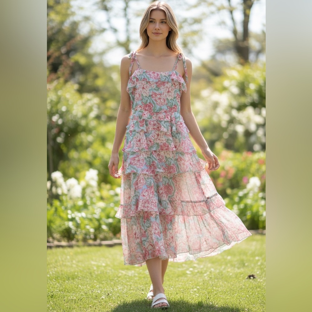 WAYF Floral Ruffle Tiered Midi Dress Tie Strap Pink Blue Size S